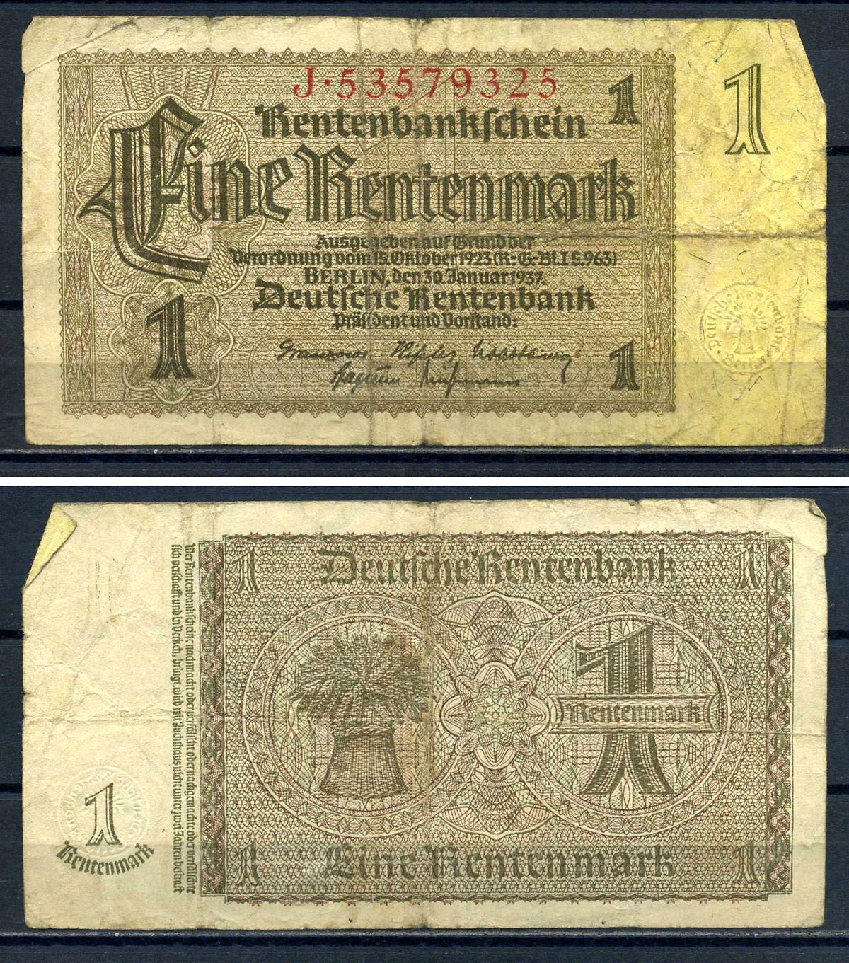 Германия 1 рентенмарка 1937 Pick 173 b бумага 8621-42-3-1