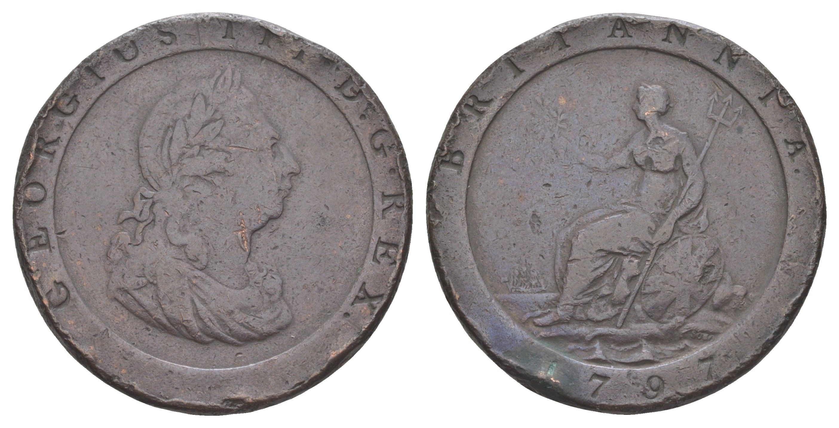 Великобритания 1 пенни 1797 Георг II (1727-1760) KM 618, Spink 3777 медь 1526-424