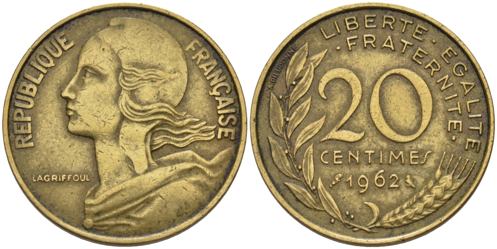 ФРАНЦИЯ 20 САНТИМОВ 1962 KM 930 медь алюминий никель 67-735