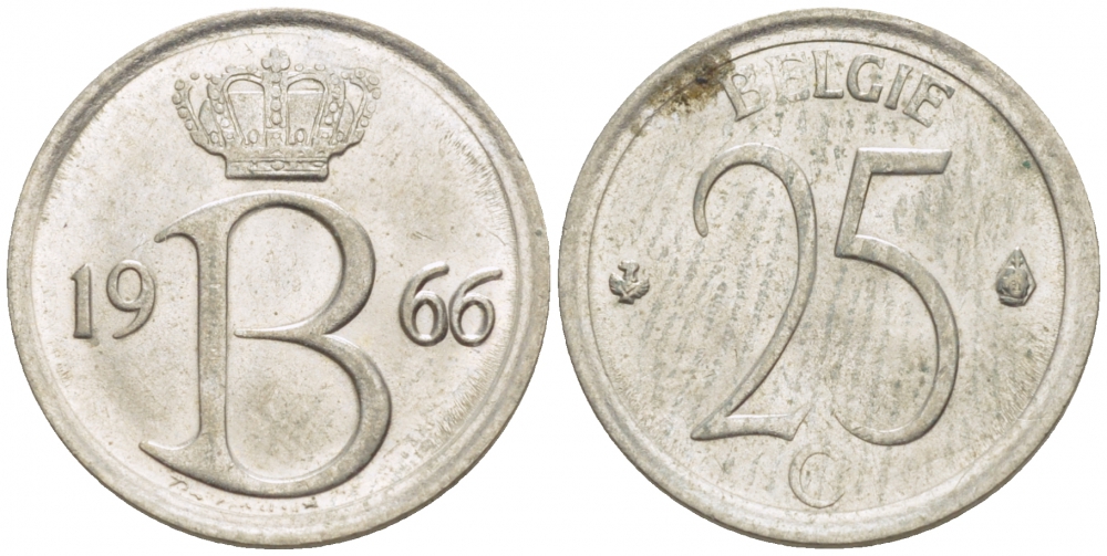 Бельгия 25 сантимов 1966 Belgie, Бодуэн I (1951-1993) KM 154.1 медно-никель 4528-134