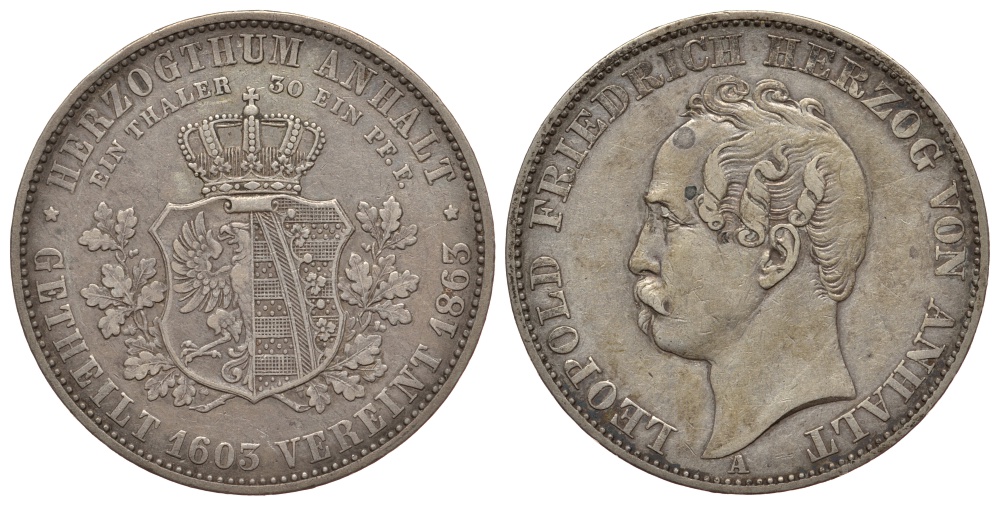 Ангальт-Дессау 1 талер 1863 A, Герцог Ангальта Леопольд Фридрих (1817-1871), 200 лет повторного объединения Ангальтских герцогств J. 77, AKS 35, KM 15 серебро 00-000-00