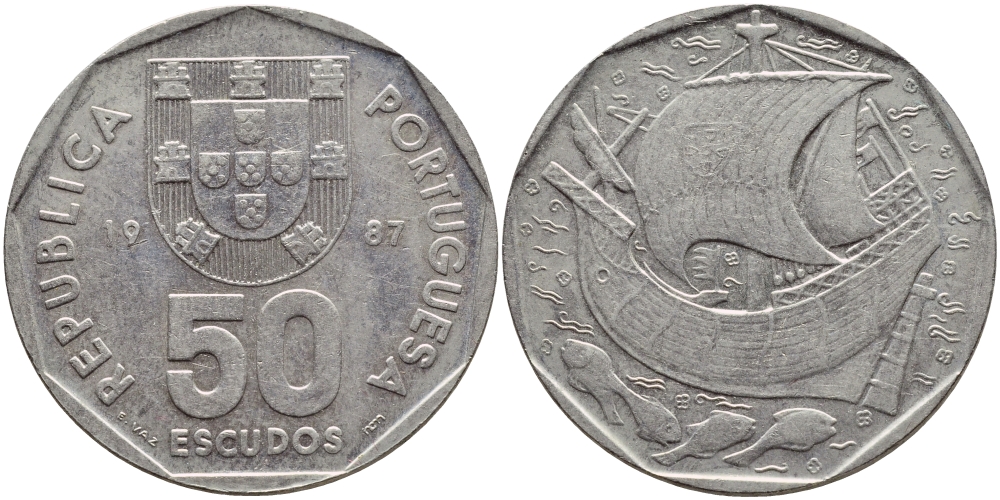 ПОРТУГАЛИЯ 50 ЭСКУДО 1987 KM 636 медно-никель 4394-814