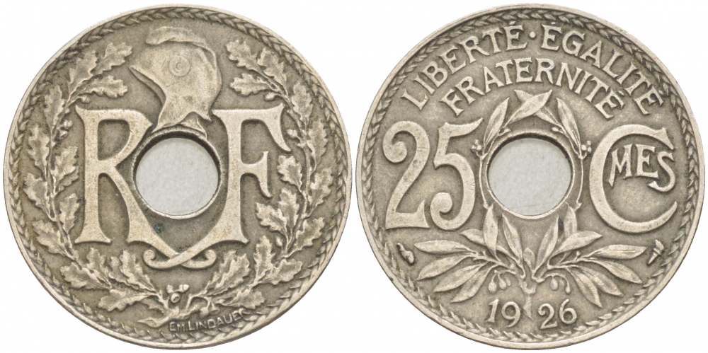 ФРАНЦИЯ 25 САНТИМОВ 1926 KM 867а медно-никель 4402-827