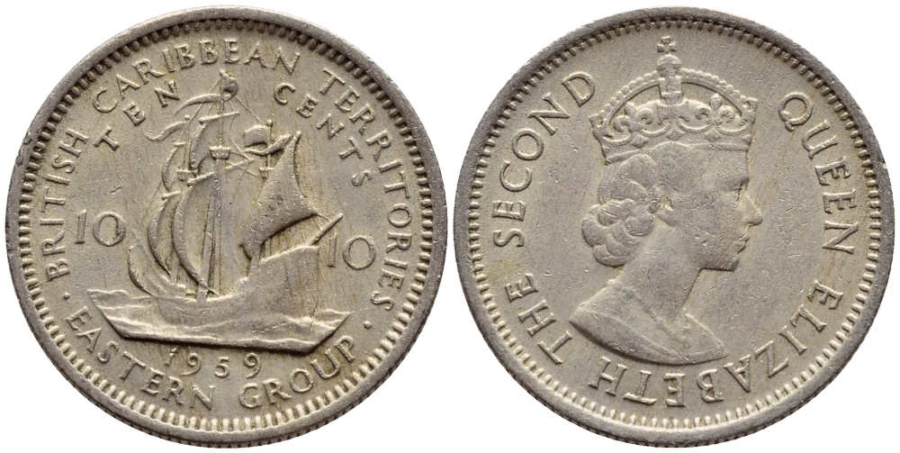 Британские Восточно-Карибские территории 10 центов 1959 Елизавета II (1952-2022), парусник KM 5 медно-никель 4387-836