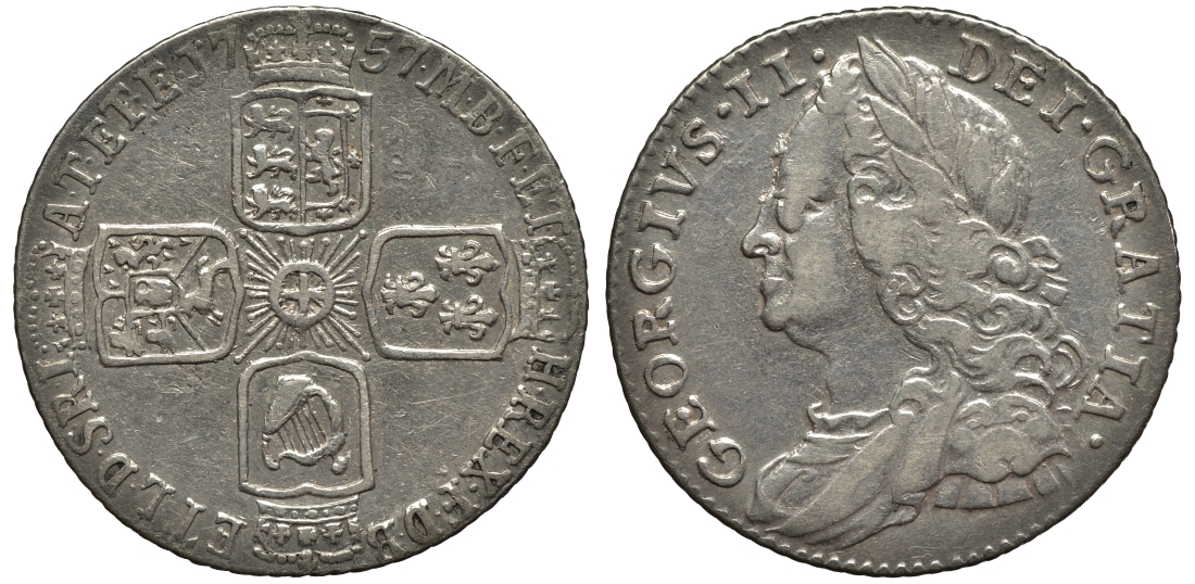 Великобритания 6 пенсов 1757 Георг II (1727-1760) KM 582.2; Spink 3711 серебро 1523-1013