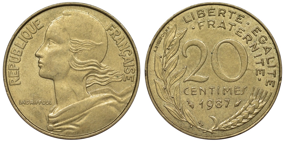 Франция 20 сантимов 1987 тип Marianne KM 930, Le Franc 156.27 медь алюминий никель 4128-233