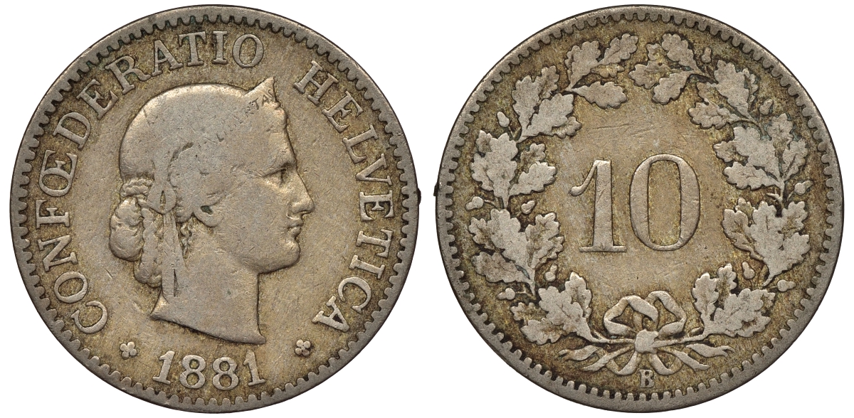 Швейцария 10 раппенов 1881 KM 27 медно-никель 4561-844