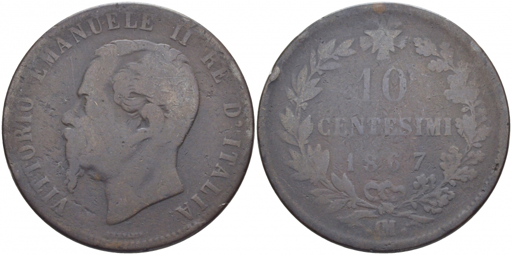 Италия 10 чентезимо 1867 OM, Виктор Эммануил II (1861-1878) KM 11.5 медь 114-624