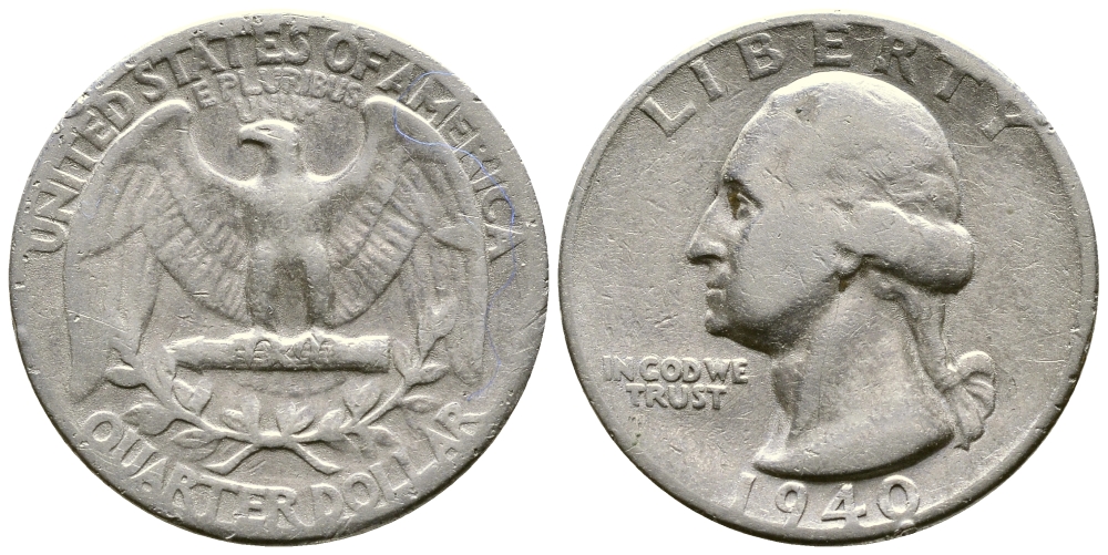 США 25 центов = квотер 1940 Вашингтон KM 164 серебро 4385-436
