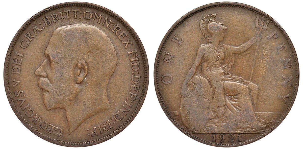 Великобритания 1 пенни 1921 Георг V (1910-1936) KM 810, Spink 4051 бронза 4123-1146