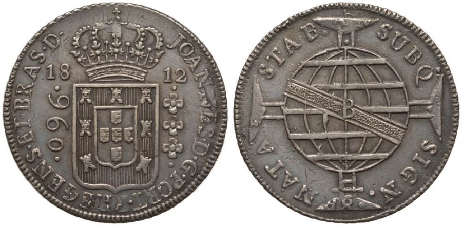 Бразилия 960 рейс 1812 В, монетный двор Бахия (Bahia), перечекан, патина, Жоао принц-регент (1799-1818) KM 307.1 серебро 00-000-00