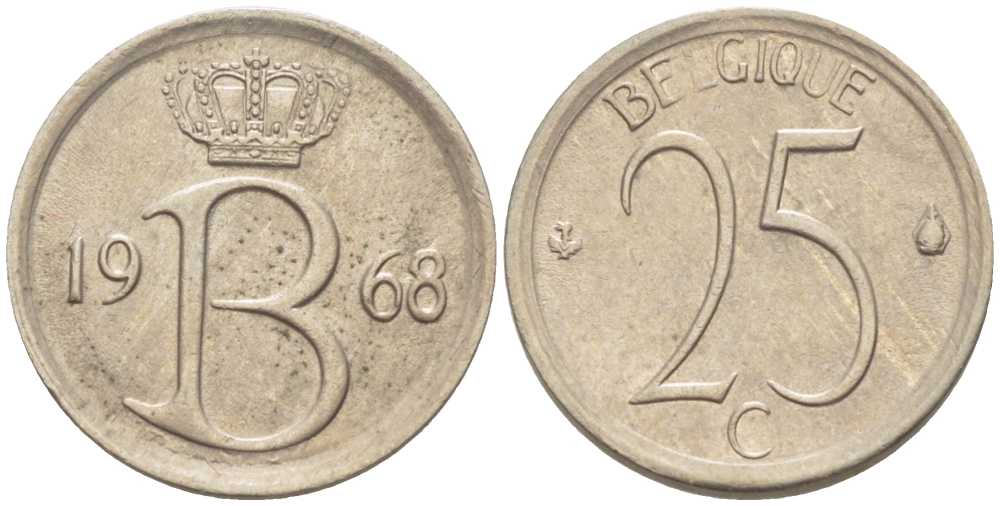 Бельгия 25 сантимов 1968 Belgique, Бодуэн I (1951-1993) KM 153.1 медно-никель 214-431