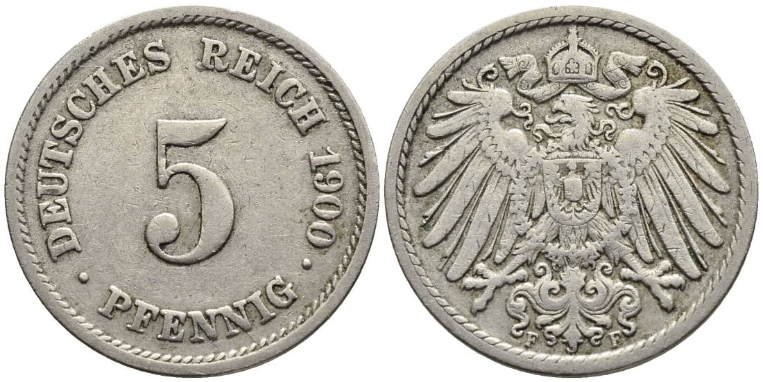 ГЕРМАНИЯ 5 ПФЕННИГОВ 1900 F KM 11, Jager 12, Weege 6 медно-никель 4547-413