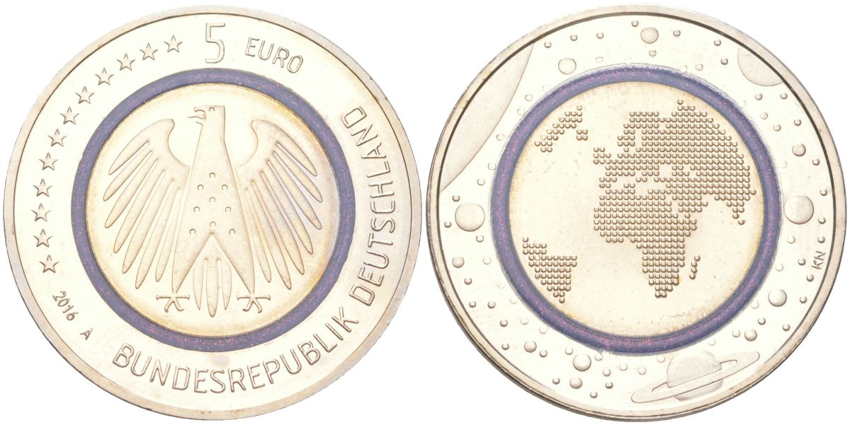 Германия 5 евро 2016 A, Планета Земля KM 348 триметалл BU 1529-242