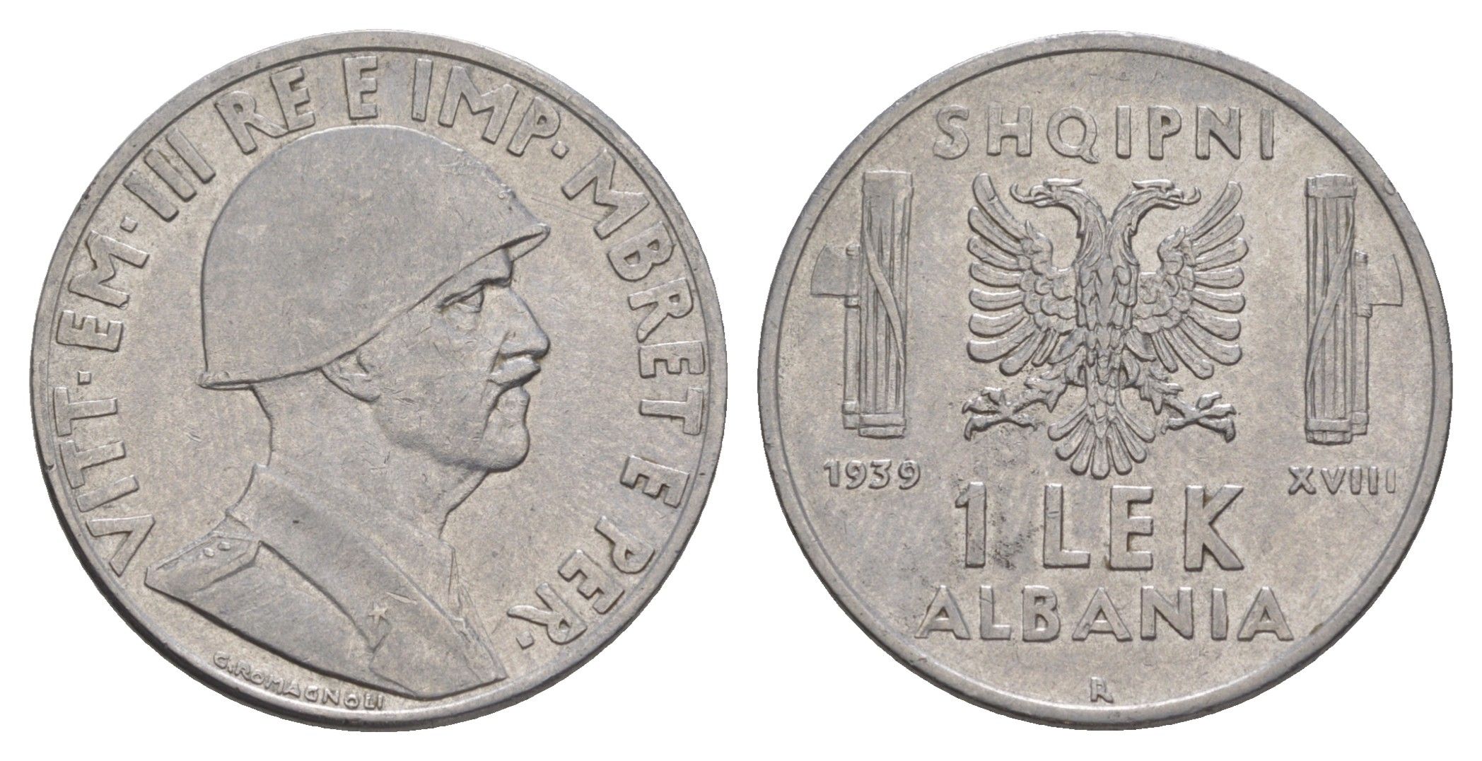 Албания 1 лек 1939 R, Виктор Эммануил III KM 31 нержавеющая сталь 4646-1035