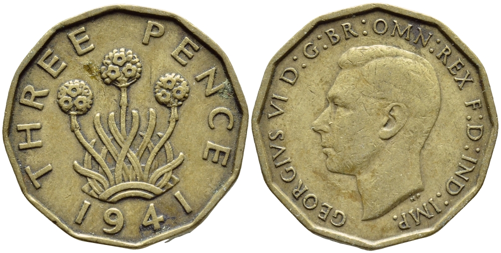Великобритания 3 пенса 1941 Георг VI (1936-1952) KM 849, Spink 4112 никель латунь 4395-1143