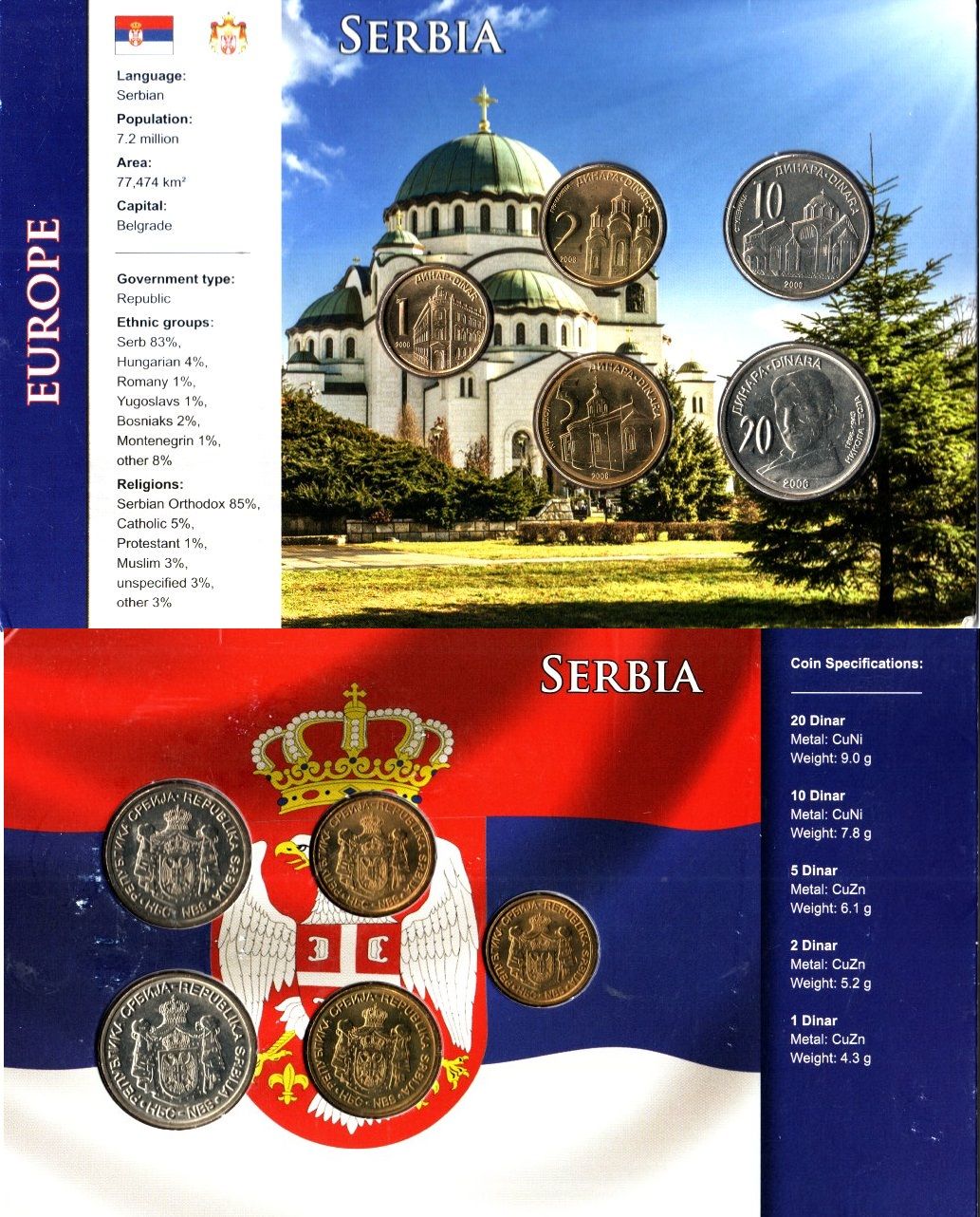 Сербия набор из 5 монет (1, 2, 5, 10 и 20 динаров) 2006 в красочной упаковке KM 39, 40, 41, 42 и 46 UNC 8-2-05-68