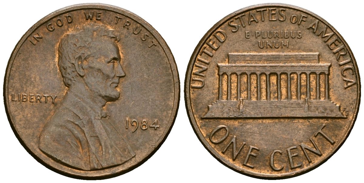 США 1 цент 1984 Линкольн KM 201b цинк плакированный медью 4136-246