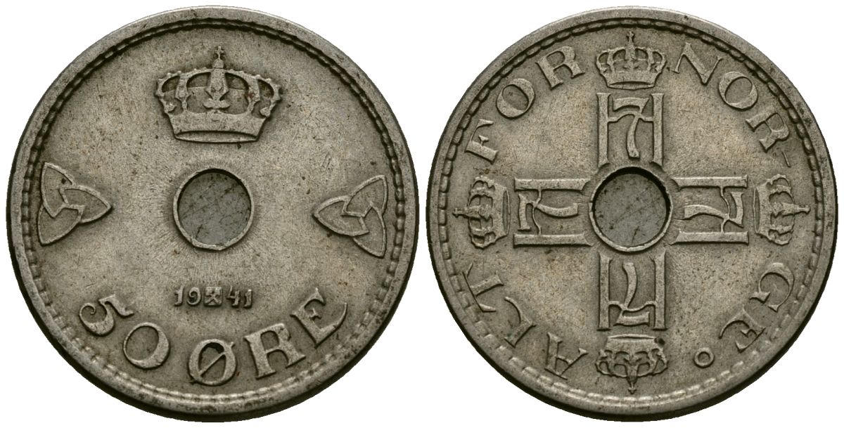 Норвегия 50 эре 1941 Хокон VII (1905-1957) KM 386 медно-никель 4584-141