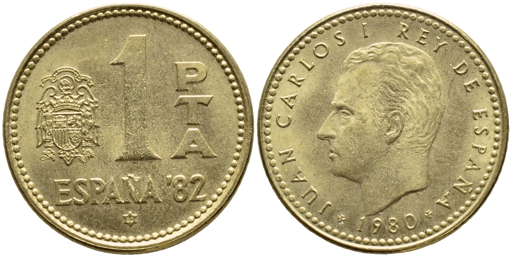 Испания 1 песета 1980 (80) чемпионат мира по футболу в Испании 1982 года, Хуан Карлос I (1975-) KM 816 алюминиевая бронза 4397-621