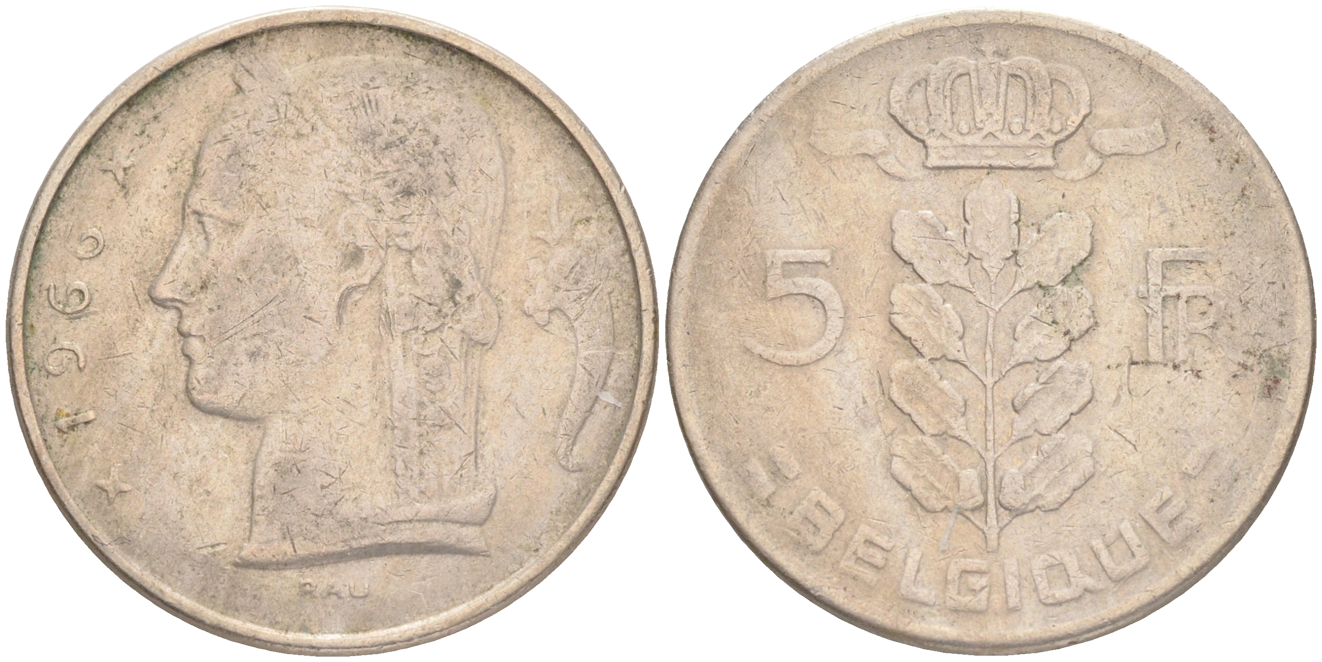 БЕЛЬГИЯ 5 ФРАНКОВ 1966 BELGIQUE KM 134.1 медно-никель 4556-421