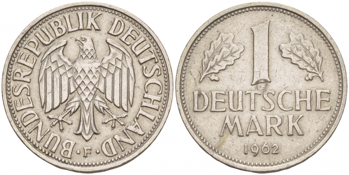ФРГ 1 МАРКА 1962 F KM 110, J. 385 медно-никель 4544-1115