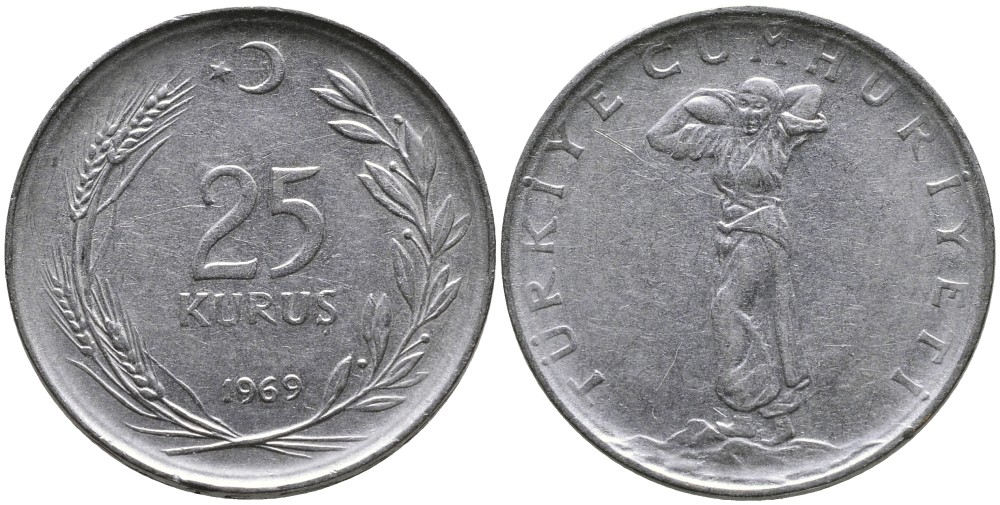 Турция 25 курушей 1969 KM 892.3 нержавеющая сталь 4541-635