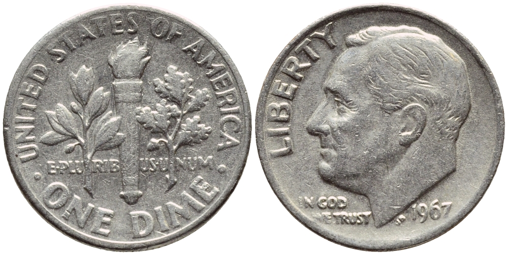 США 10 ЦЕНТОВ = 1 ДАЙМ 1965 РУЗВЕЛЬТ KM 195а медь плакированная медно-никелем 4396-439