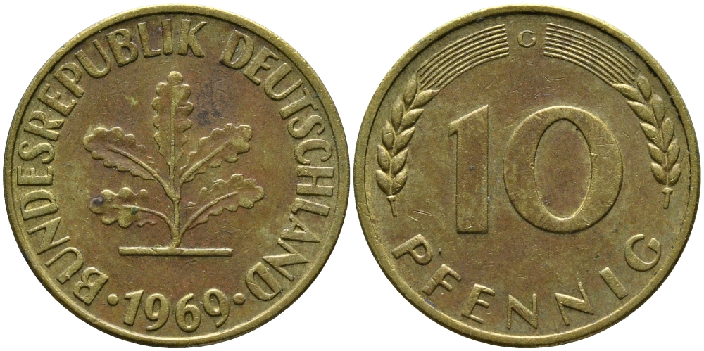 ФРГ 10 ПФЕННИГОВ 1969 G KM 108, J.383 сталь плакированная латунью 98-427