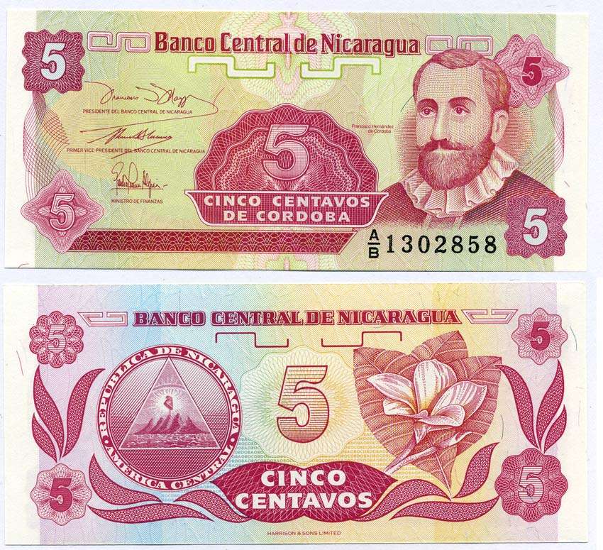 НИКАРАГУА 5 СЕНТАВО 1991 ФРАНСИСКО ЭРНАНДЕС де КОДОБА Pick 168а бумага UNC (ПРЕСС) 6262-26-1-2