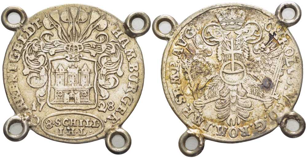 Гамбург 8 шиллингов 1728 I.H.L., с подвески, с ушками для ношения KM 165 серебро 1524-1011