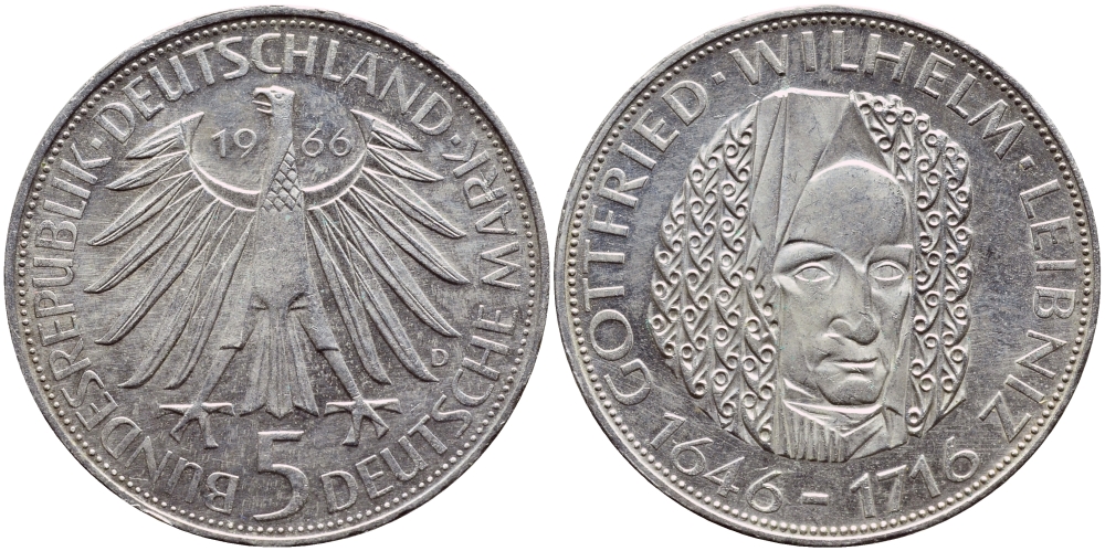 ФРГ 5 марок 1966 D, 250 лет со дня смерти Готфрида Вильгельма Лейбница J. 394, KM 119.1 серебро 4389-1126