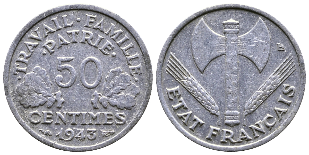 ФРАНЦИЯ 50 САНТИМОВ 1943 ПРАВИТЕЛЬСТВО ВИШИ KM 914.1 алюминий 26-642