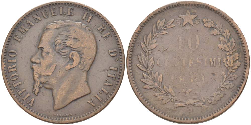 Италия 10 чентезимо 1867 H, Виктор Эммануил II (1861-1878) KM 11.3 медь 4526-653