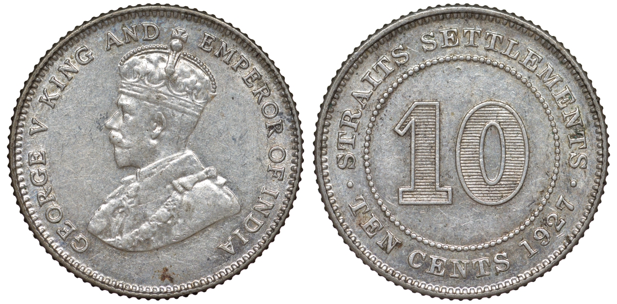 Стрейтс-Сетлментс 10 центов 1927 Георг V (1910-1936) КМ 29b серебро 53-731
