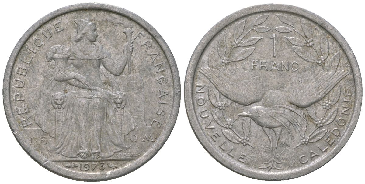 Французская Новая Каледония 1 франк 1973 птица кагу, (IEOM) KM 10, Schoen 10, Lec 39 алюминий    51-723