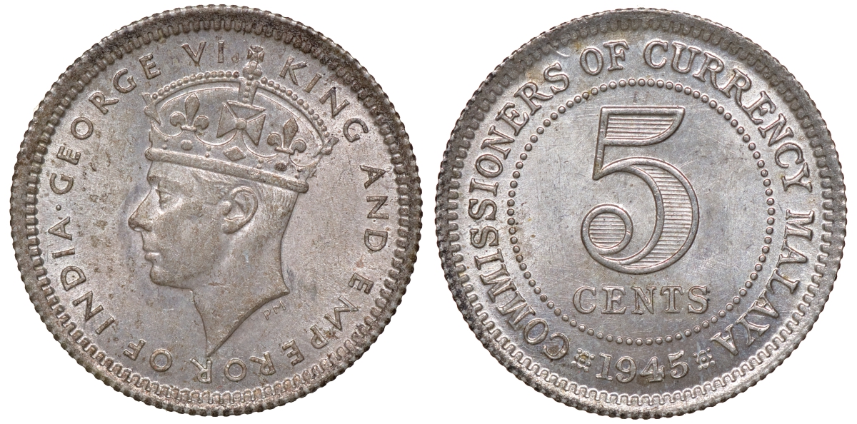 Британская Малайя 5 центов 1945 Георг VI (1937-1952) KM 3a серебро 53-163