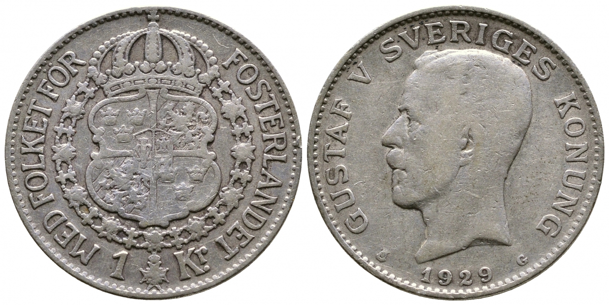 Швеция 1 крона 1929 G, Густав V (1907-1950) KM 786.2 серебро 4178-626