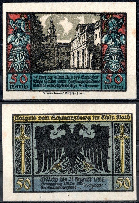 Шварцбург (Тюрингия) 50 пфеннигов 1922 Mehl Grabowski 1208.2-6/7 бумага UNC (пресс) 7553-17-4-2
