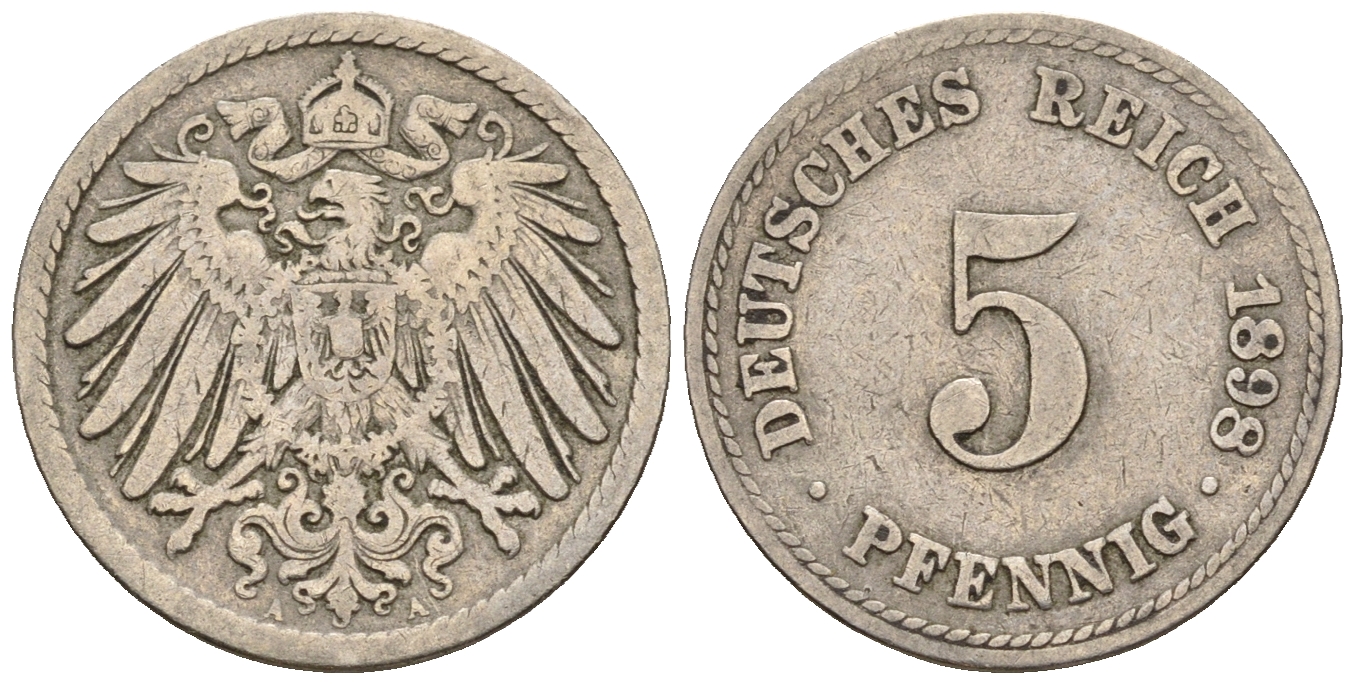 Германия 5 пфеннигов 1897 A, KM 11, J. 12 медно-никель 220-728