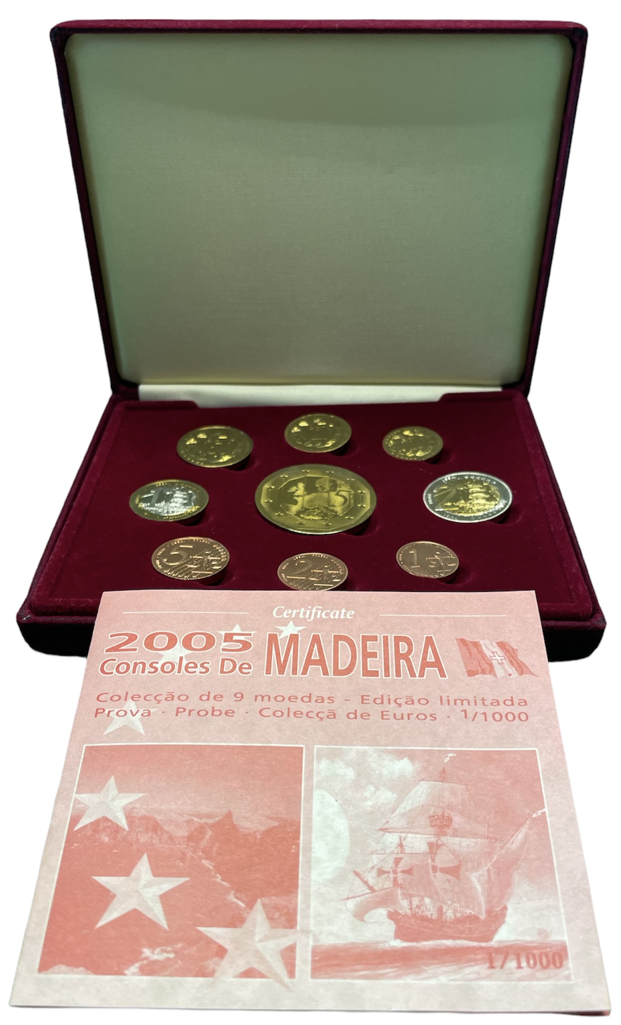 Мадейра евронабор из 9 монет (с 5 евро) 2005 пробники, PROBA, в оригинальной коробке, с сертификатом    PROOF  4-3-4-09