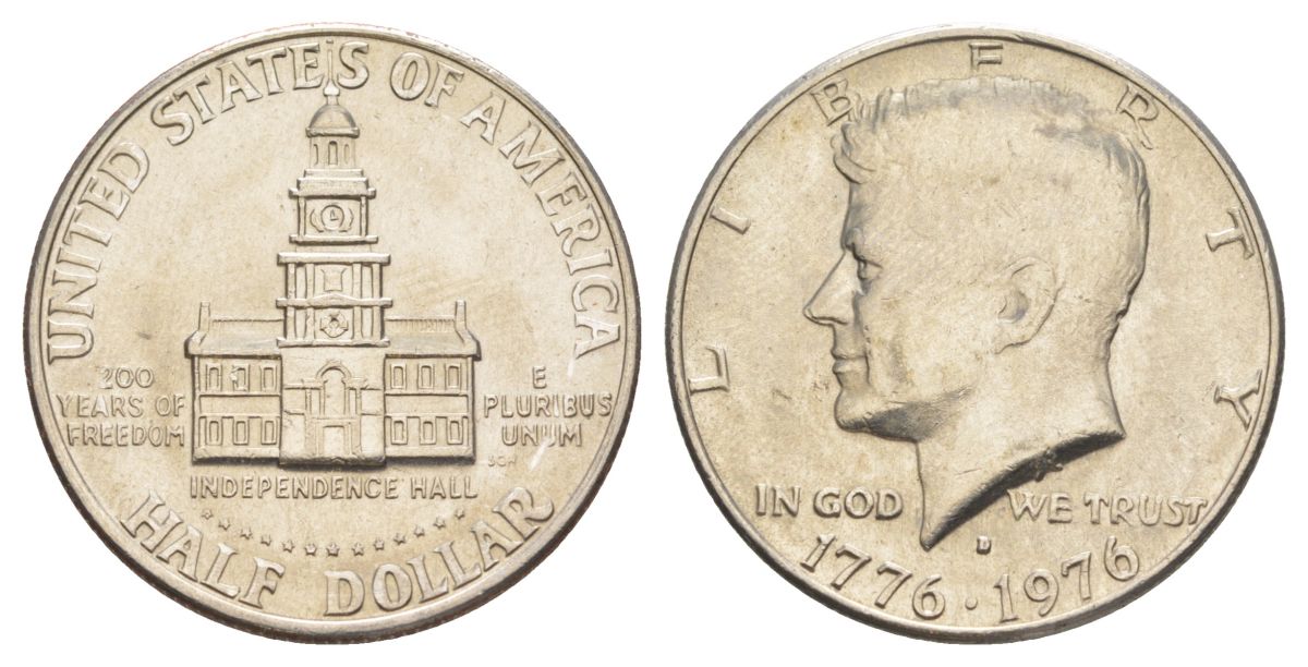 США 1/2 доллара (50 центов) 1976 D, 200 лет независимости, Джон Кеннеди KM 205 медь плакированная медно-никелем aUNC 4545-533