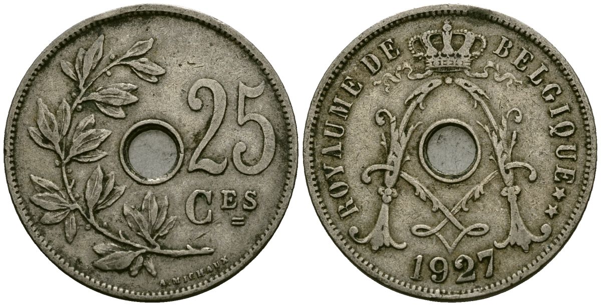Бельгия 25 сантимов 1927 Belgique KM 68 медно-никель 4165-535