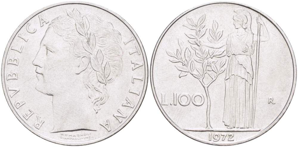 ИТАЛИЯ 100 ЛИР 1972 R, АФИНА KM 96.1 нержавеющая сталь 4526-324
