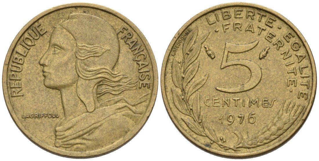 ФРАНЦИЯ 5 САНТИМОВ 1976 ТИП MARIANNE KM 933, LE FRANC 125.12 медь алюминий никель 4567-756