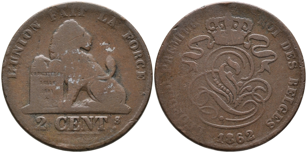 БЕЛЬГИЯ 2 САНТИМА 1862 BELGES KM 4.2 медь 95-656