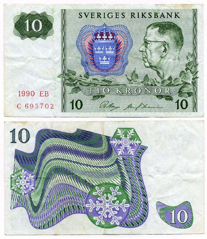 ШВЕЦИЯ 10 КРОН 1990 СЕРИЯ EB, ГУСТАВ VI АДОЛЬФ Pick 52e бумага 8612-31-1-2