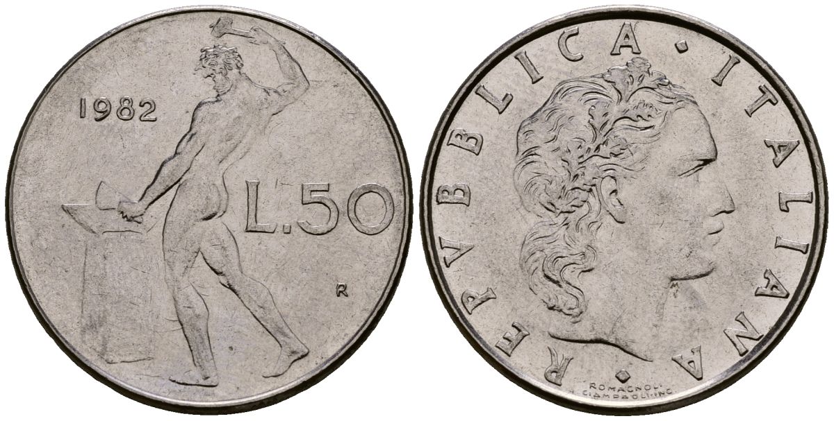 Италия 50 лир 1982 KM 95.1 нержавеющая сталь 4176-253
