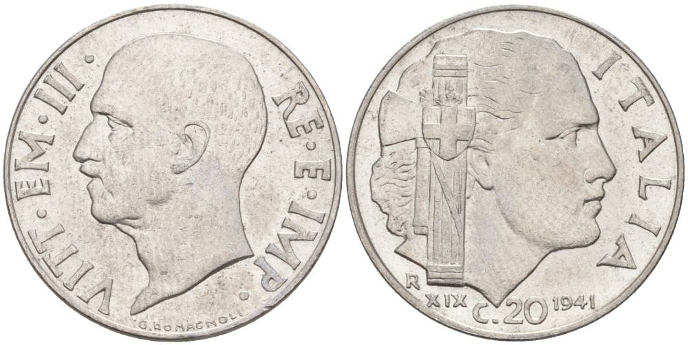 ИТАЛИЯ 20 ЧЕНТЕЗИМО 1941 R, ГОД XIX, ВИКТОР ЭММАНУИЛ III (1900-1946) KM 75b, VEM3. 1028 нержавеющая сталь 3853-1157