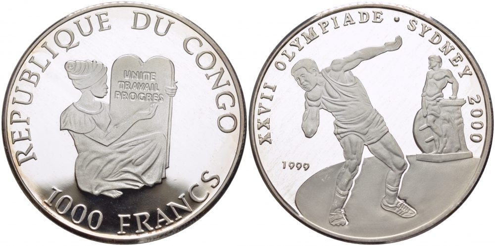 Конго 1000 франков 1999 XXVII олимпийские игры в Сиднее, метание ядра KM 23 серебро PROOF 1080-5-43